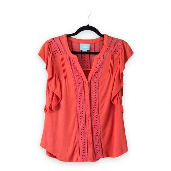 Anthropologie Maeve Kailana Orange Flutter Sleeve Button Front Eyelet Top Small - Picture 2 of 6